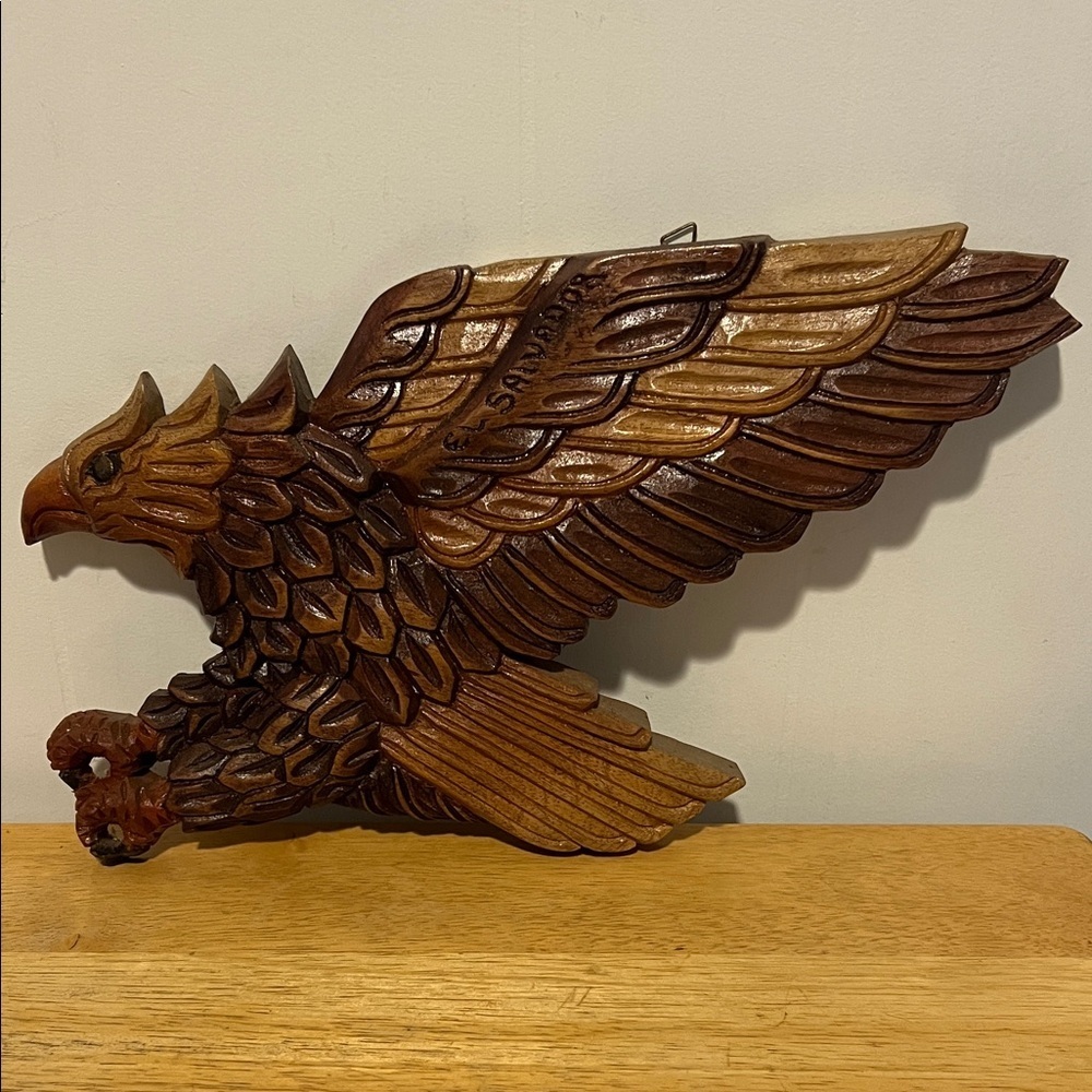 Hand-Carved Wooden Eagle Wall Art - Brown Tones El Salvador 3D Vintage